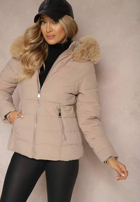 Ciemnobeżowa Pikowana Kurtka Mocno Ocieplana z Odpinanym Kapturem z Futrzanym Wykończeniem Nealith