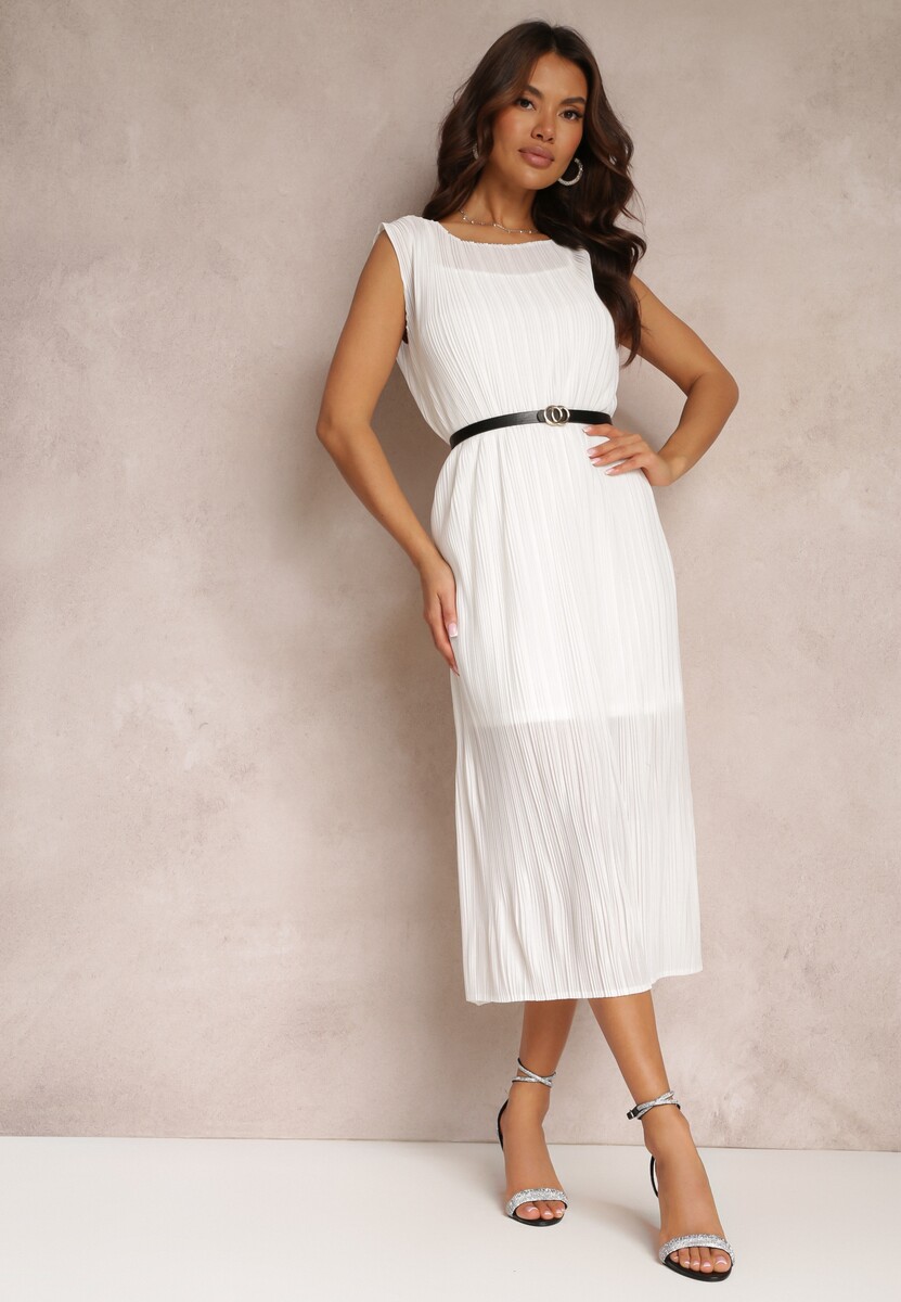 Biała Pudełkowa Sukienka Midi z Plisowanej Tkaniny z Paskiem z Klamerką Lanaia