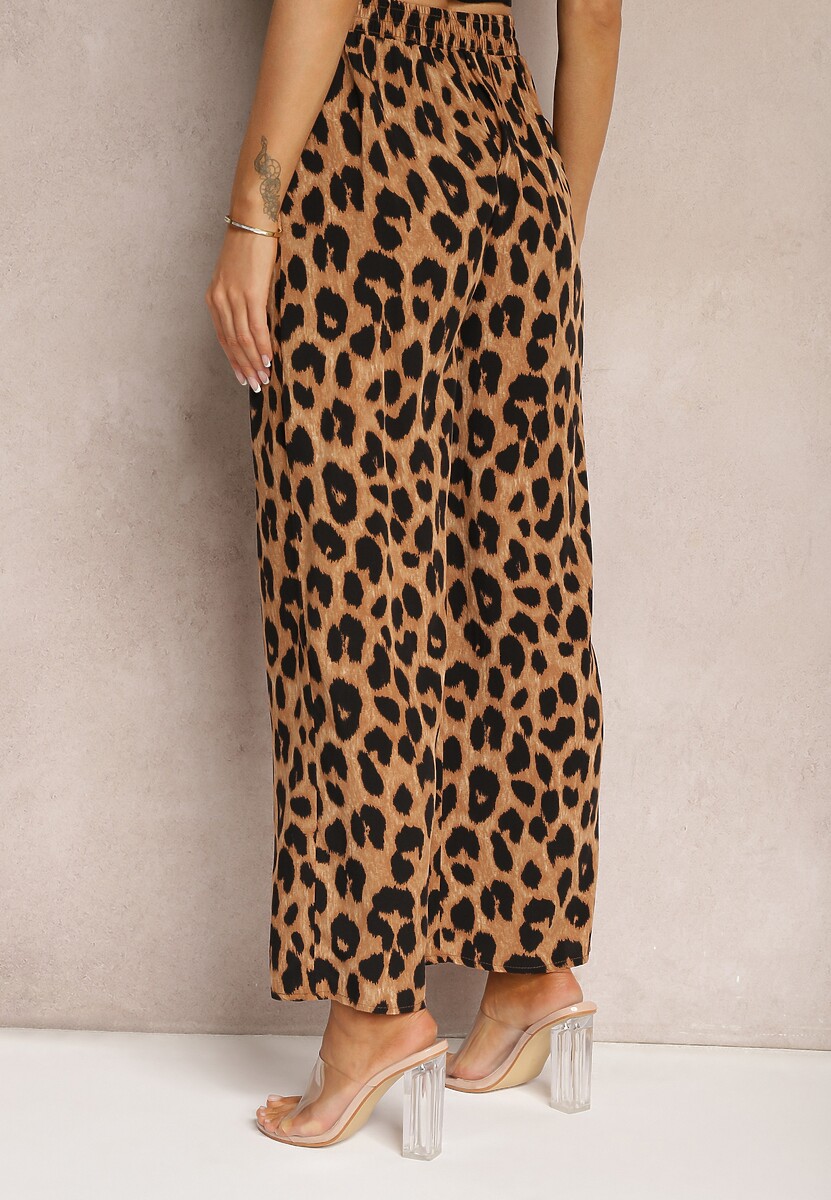 Brązowo-Czarne Wiskozowe Spodnie z Szerokimi Nogawkami i Gumką w Talii w Panterkę Vikiamia