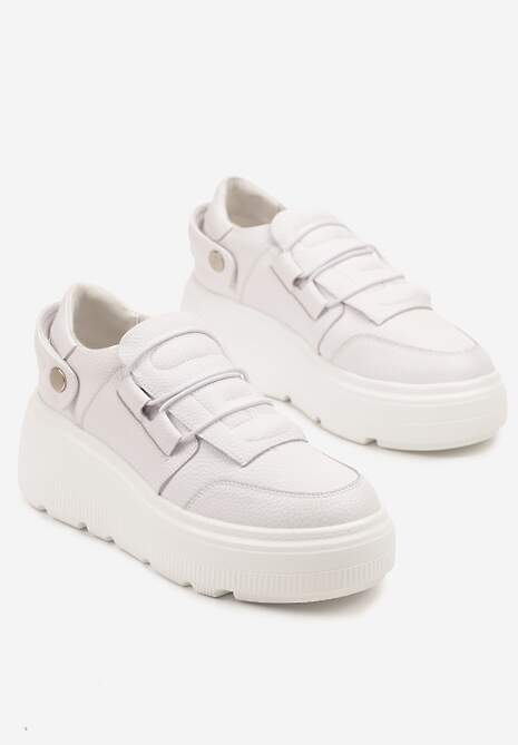 Białe Sneakersy na Platformie ze Skóry Naturalnej z Ozdobnym Paskiem Reselle