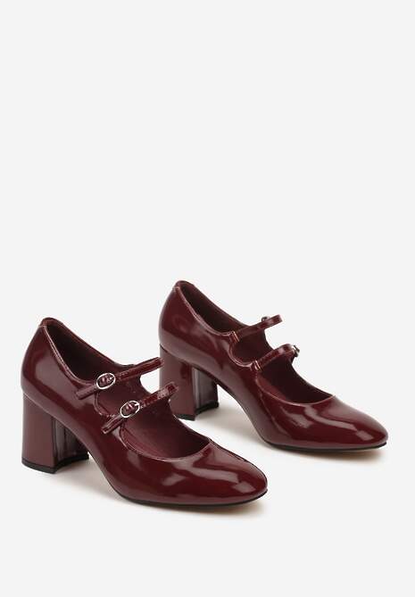 Bordowe Czółenka Lakierowane na Słupku Ozdobione Paskami i kwadratowym Noskiem Jalabine