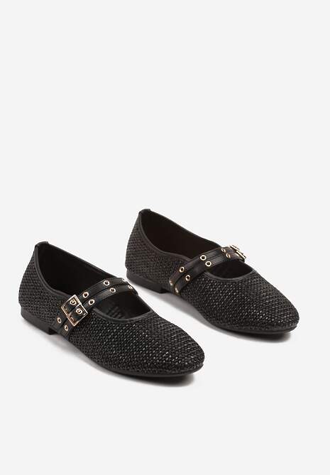 Czarne Plecione Balerinki Mary Jane na Płaskiej Podeszwie Firmi