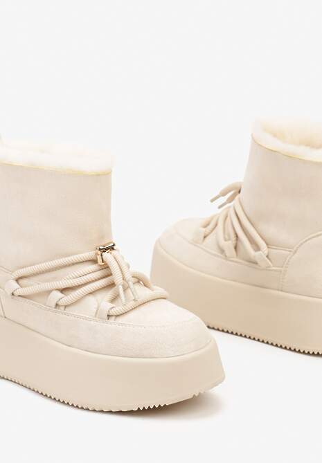 Beżowe Śniegowce na Grubej Podeszwie Bez Zapięć z Imitacją Sznurowadeł Kaithena