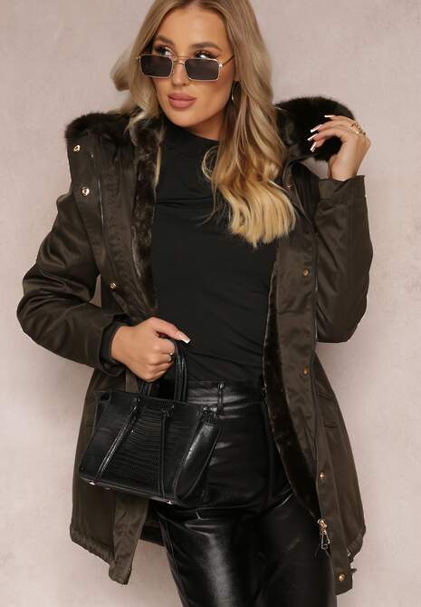 Ciemnozielona Kurtka Parka z Kapturem i Ozdobnym Futerkiem Dioneta