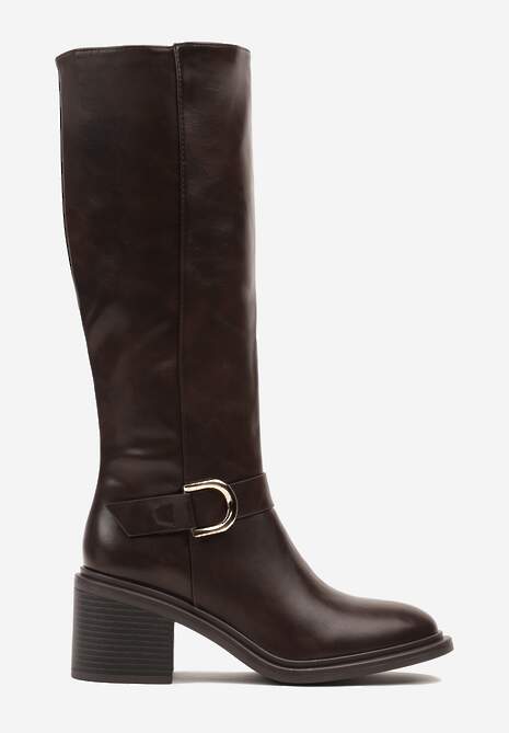 Brązowe Kozaki na Słupku z Ozdobną Klamrą i Paskiem Miavirae