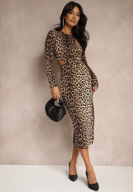 Brązowa Koktajlowa Sukienka w Panterkę Midi Ozdobiona Rozcięciem na Dole i Wycięciami w Talii Aletines