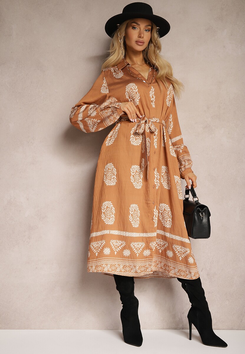 Jasnobrązowa Sukienka Koszulowa Wiązana w Pasie w Stylu Boho Rorisha