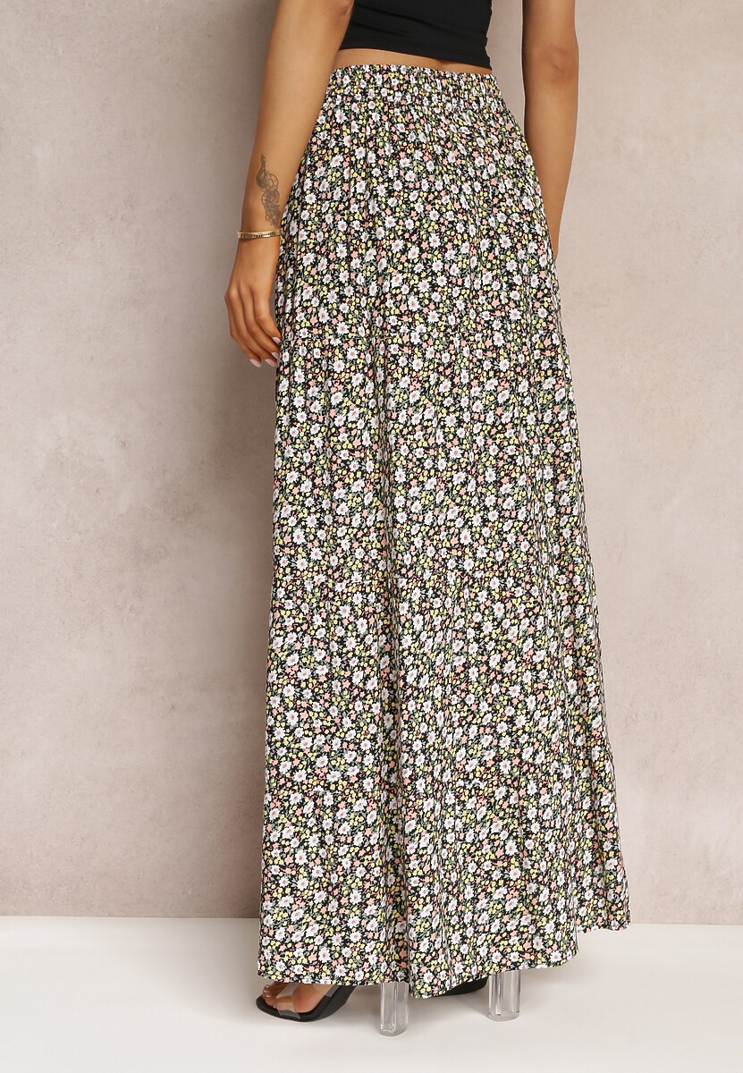 Czarna Rozkloszowana Spódnica Maxi w Kwiaty Dethuj