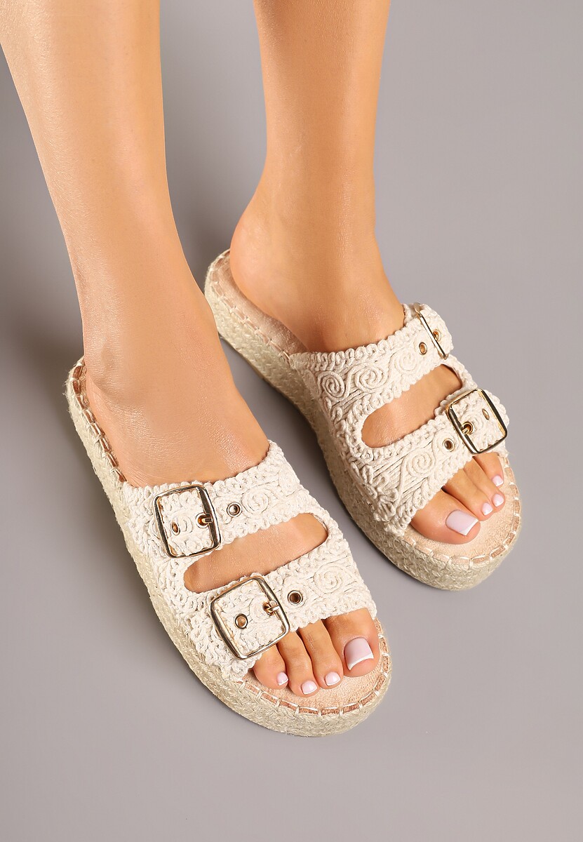 Beżowe Klapki na Podeszwie z Plecionki z Szydełkową Cholewką ze Sprzączkami Fevilene