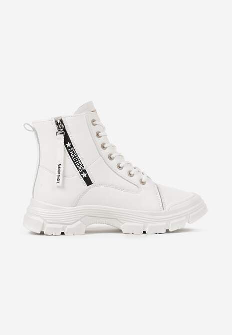 Białe Traperki na Tłoczonej Podeszwie Ozdobione Suwakiem przy Cholewce Linicia