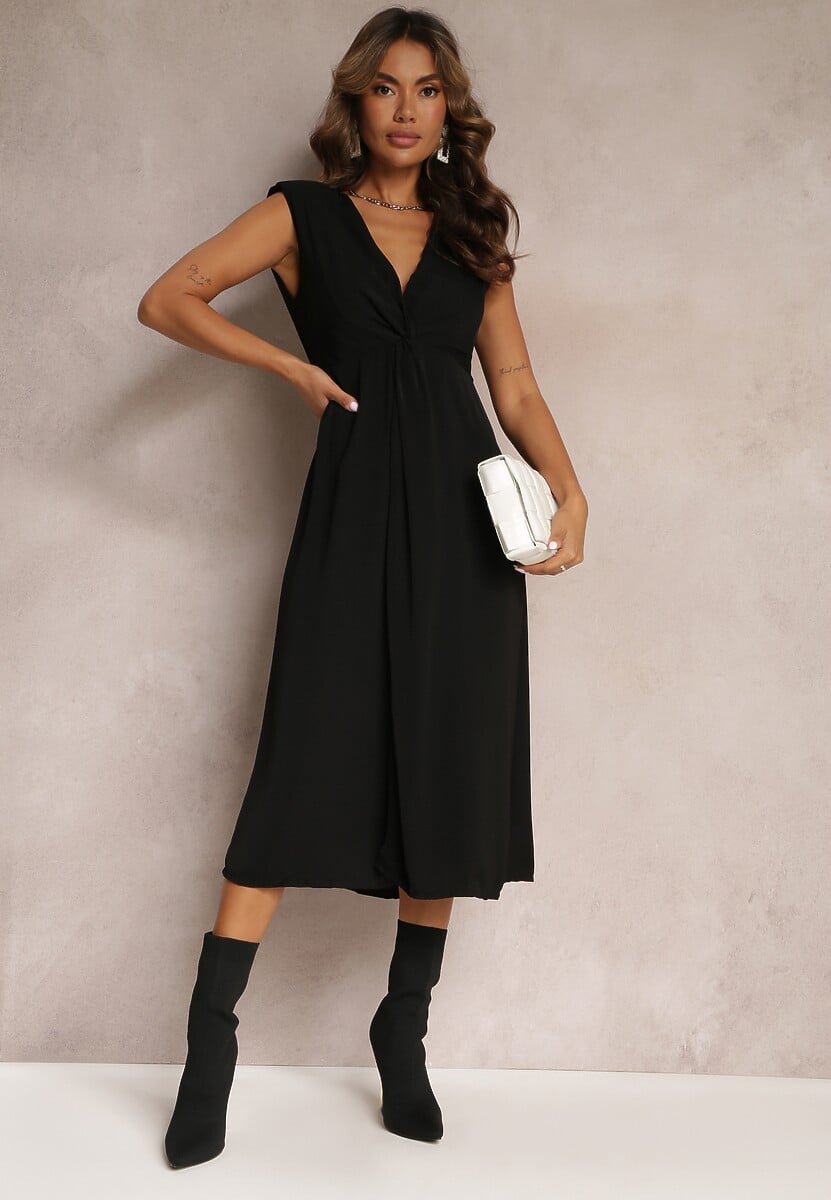 Czarna Midi Sukienka o Rozkloszowanym Fasonie z Ozdobnym Węzłem i Rozcięciem Zanondia