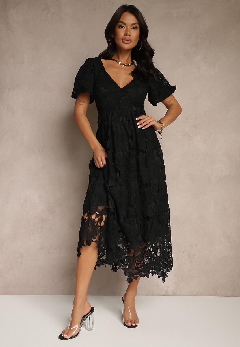 Biała Koronkowa Sukienka Koktajlowa z Głębokim Trójkątnym Dekoltem Wrenna