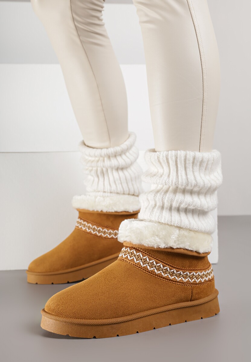 Brązowe Rustykalne Śniegowce z Imitacji Zamszu z Haftem i Futerkiem Zetilda