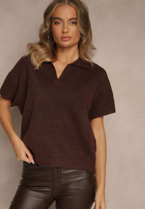 Brązowy Sweter z Wełną z Krótkim Rękawem i Dekoltem V z Kołnierzem Tevirna