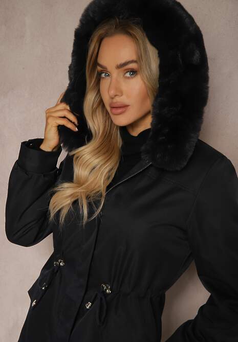 Granatowa Kurtka Typu Parka z Kapturem i Futerkiem z Możliwością Odpięcia Marindria