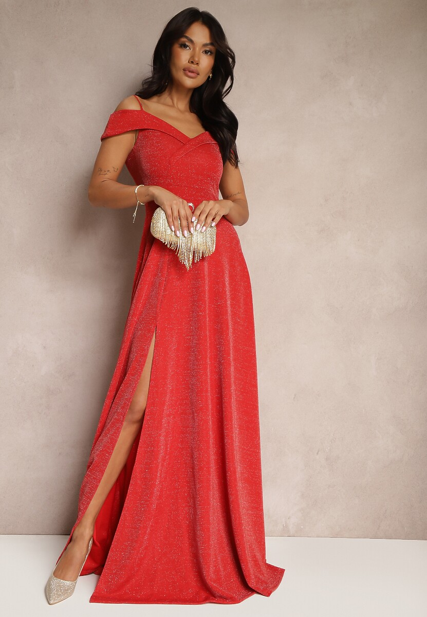 Czerwona Koktajlowa Sukienka o Rozkloszowanym Kroju z Metaliczną Nicią Emilinea