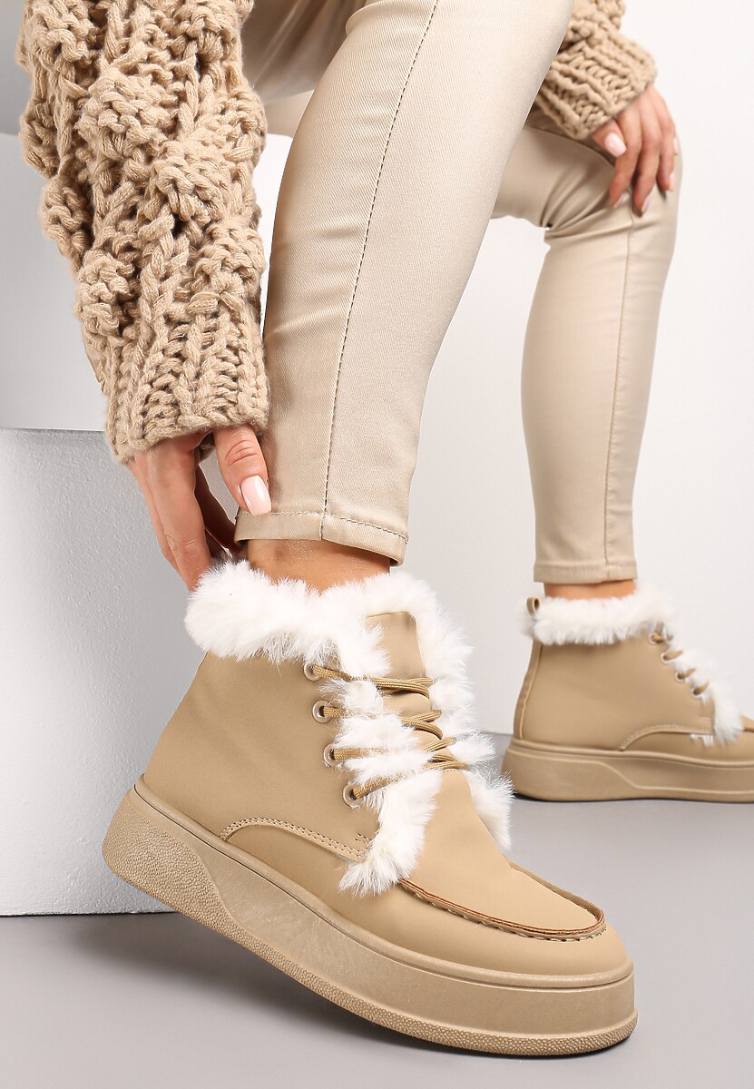 Ciemnobeżowe Botki za Kostkę na Grubej Podeszwie Ozdobione Futerkiem Nulzame