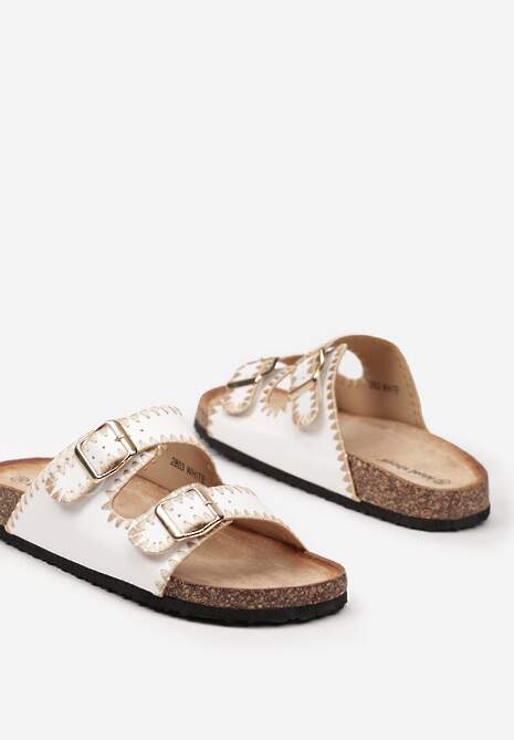 Białe Klapki na Podeszwie z Korkową Wstawką Sprzączkami i Przeszyciami Nlena