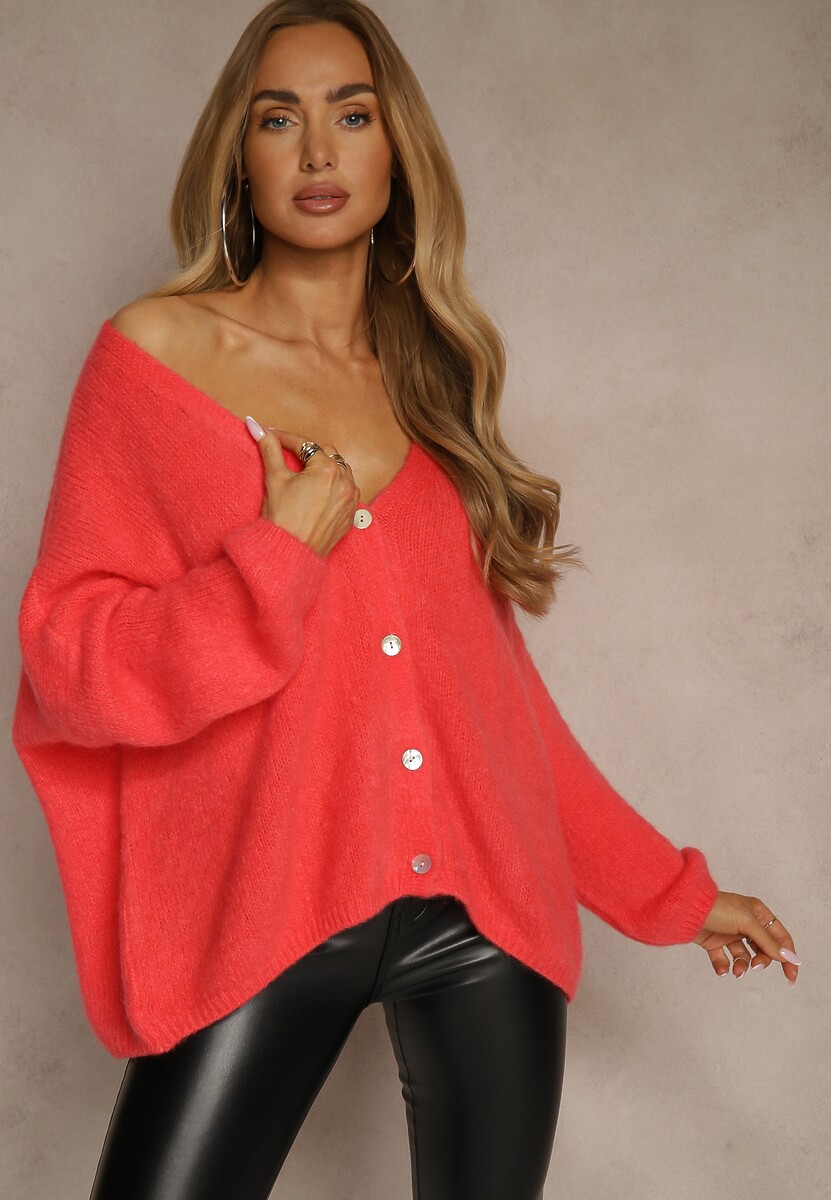 Brązowy Kardigan z Wełną i Moherem o Klasycznym Kroju z Dekoltem w Serek Avelmio