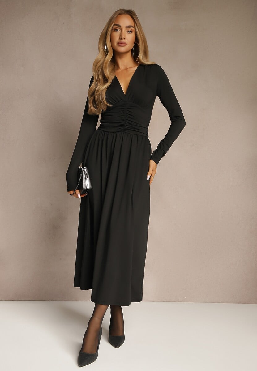 Czarna Taliowana Sukienka Longsleeve z Wiskozą z Marszczeniem i Dekoltem V Elirie