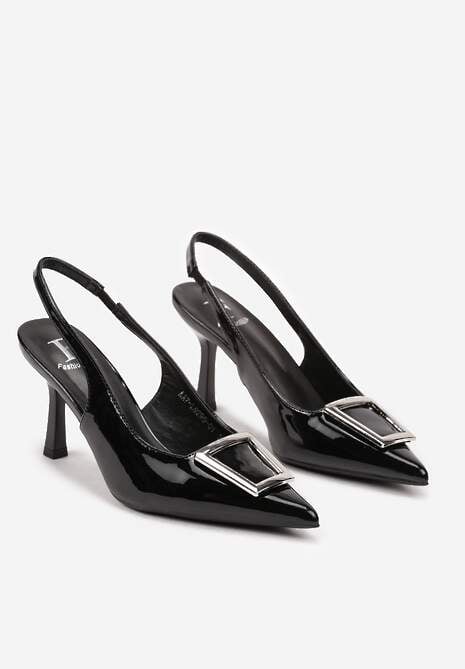 Czarne Szpilki z Odkrytą Piętą i Ozdobną Aplikacją Apila