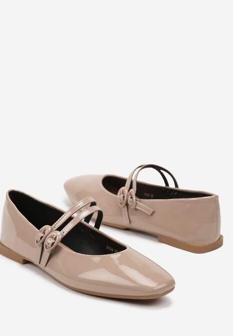Beżowe Balerinki Płaskie Lakierowane z Paskami na Sprzączkę i Kwadratowym Noskiem Mailene