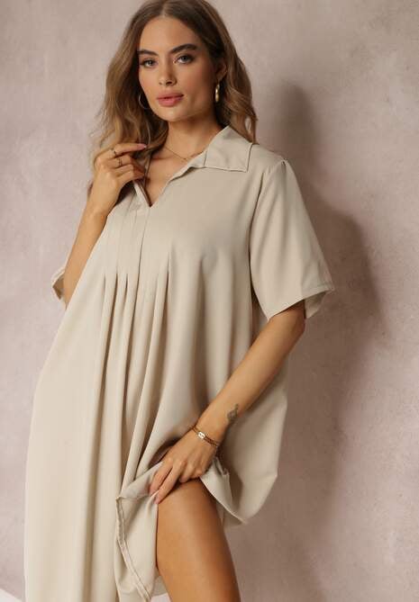 Jasnobeżowa Zwiewna Sukienka Rozkloszowana z Kołnierzykiem i Zakładkami Pedrisa