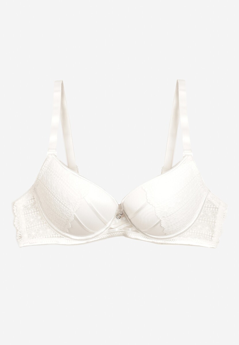 Jasnobeżowy Biustonosz o Fasonie Push Up Ozdobiony Koronką i Cyrkoniami Topazia