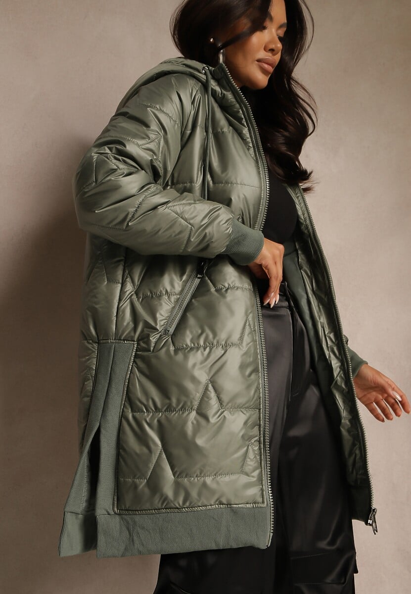 Czarna Przejściowa Kurtka z Kapturem Zdobiona Pikowaniem Fesulia