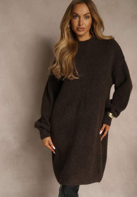 Brązowa Dzianinowa Sukienka z Dodatkiem Wełny o Pudełkowym Kroju Nesava