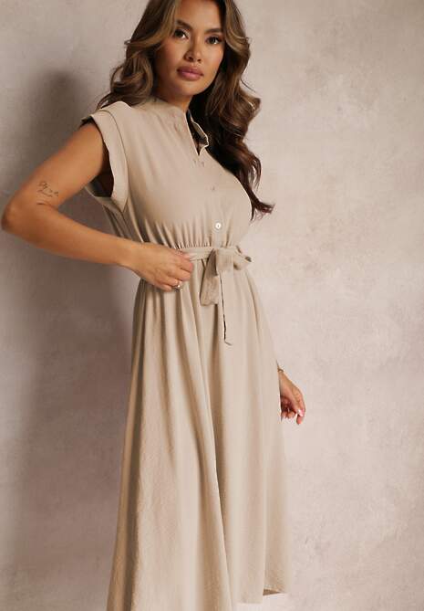 Beżowa Sukienka Midi z Guzikami i Materiałowym Paskiem Nylalik