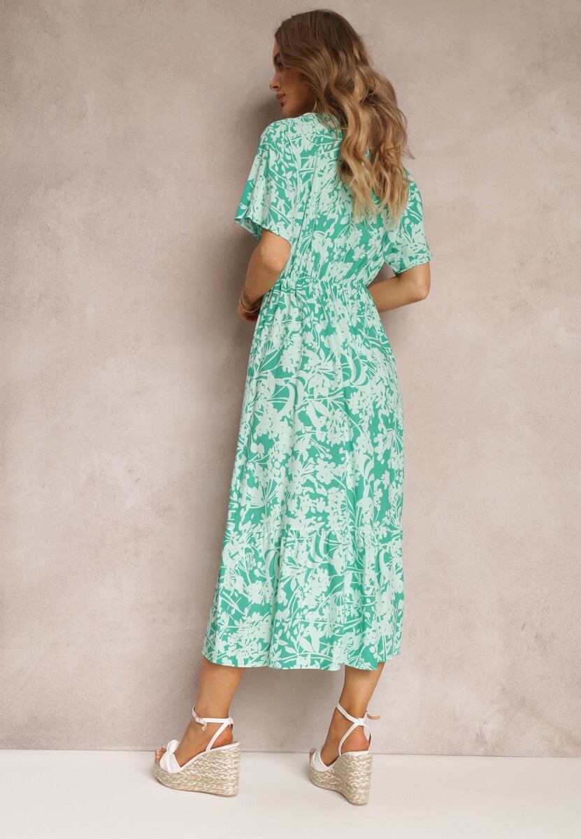 Miętowo-Zielona Rozkloszowana Sukienka w Kwiaty z Falbaną Humina