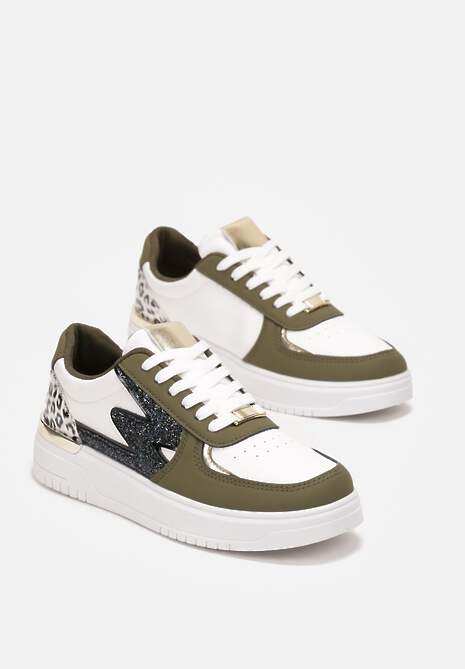 Biało-Zielone Płaskie Sneakersy z Metalową i Brokatową Wstawką Nebritta