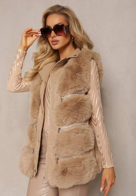 Brązowa Futrzana Kamizelka z Ozdobnymi Suwakami Sittame