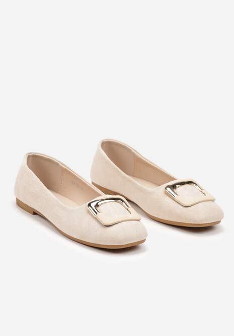 Beżowe Casualowe Balerinki na Płaskiej Podeszwie z Metaliczną Aplikacją Chrissti