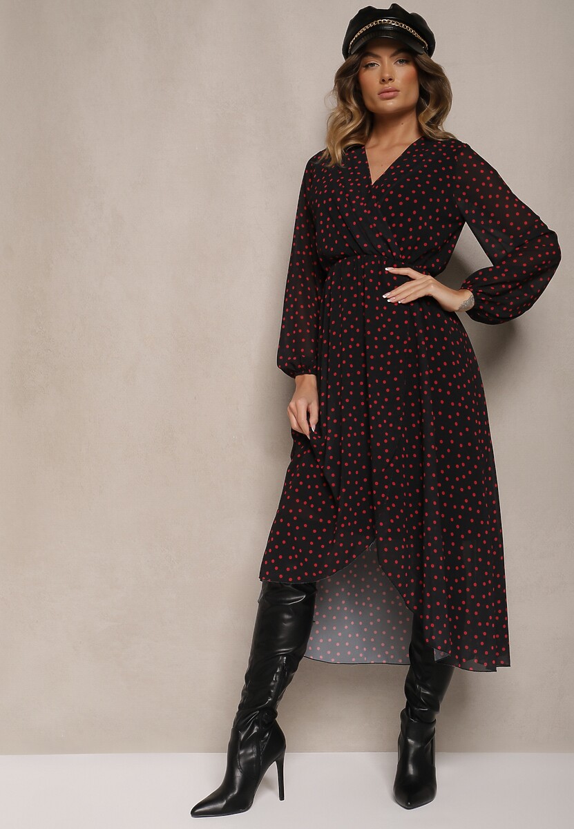 Czerwono-Czarna Asymetryczna Sukienka w Kwiaty o Kopertowym Kroju z Gumką w Talii Viradi