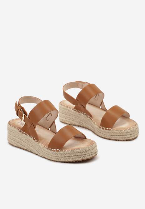 Brązowe Sandały na Plecionej Podeszwie Zapinane Wokół Kostki na Sprzączkę Ioni