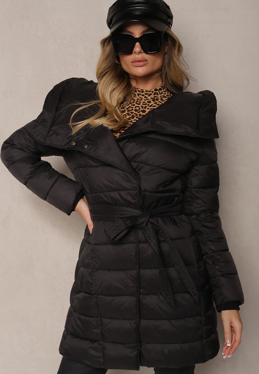 Zielona Długa Pikowana Kurtka z Kapturem i Dodatkowym Paskiem Hanovia