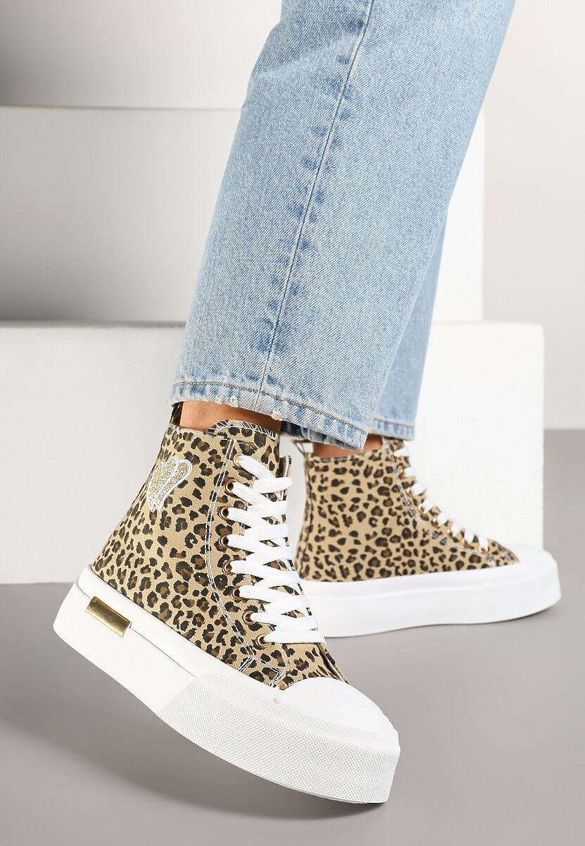 Panterkowe Trampki na Platformie z Wysoką Cholewką z Haftem z Brokatem Elanitha