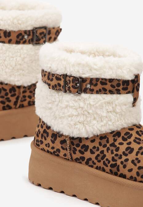 Brązowe Śniegowce na Platformie Ozdobione Wzorem w Panterkę Metaliczną Klamrą i Futerkiem w Stylu Baranka Anelavia