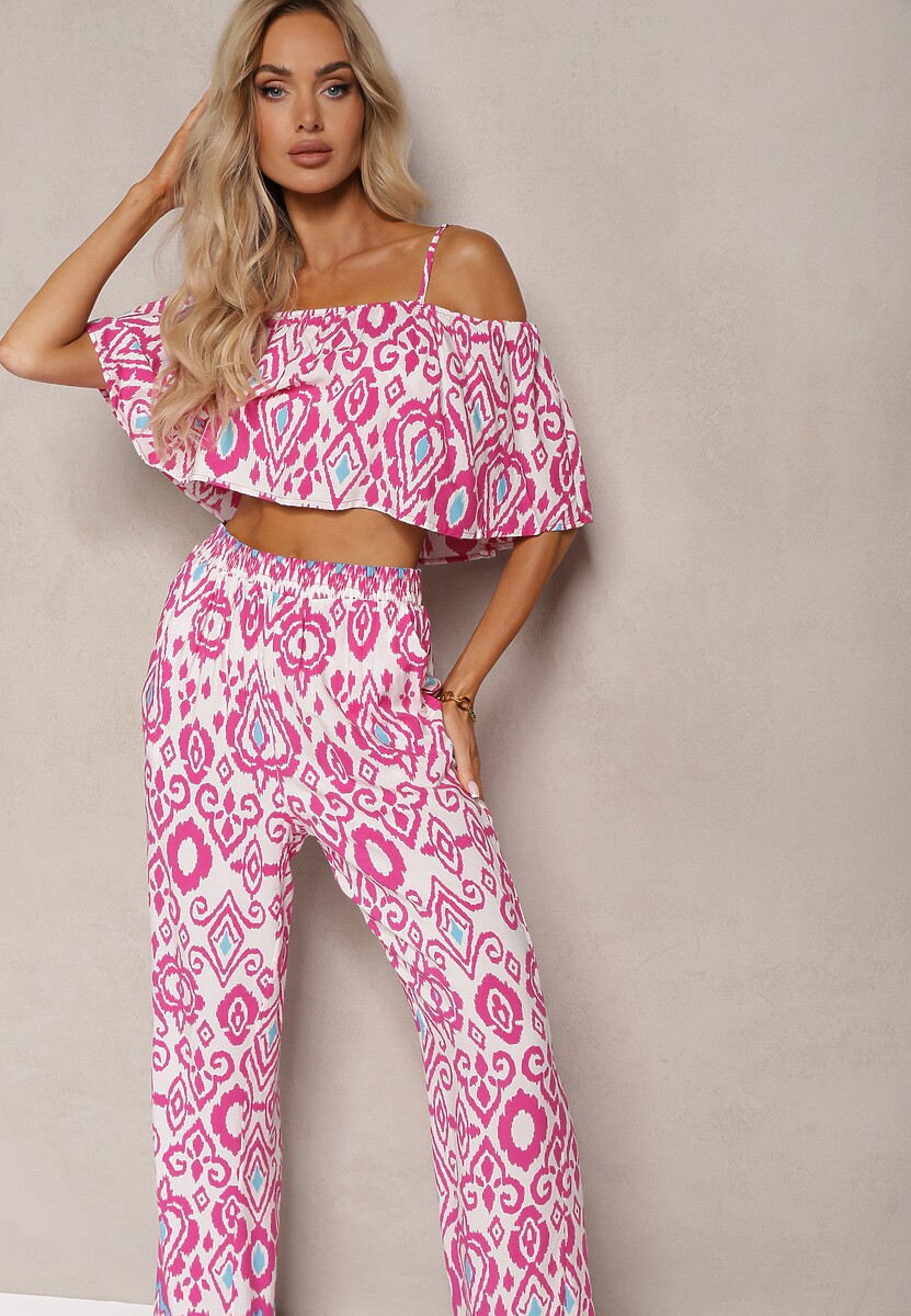 Czarno-Biały Komplet z Bawełny Spodnie z Gumką w Talii Góra na Ramiączkach Clarivia