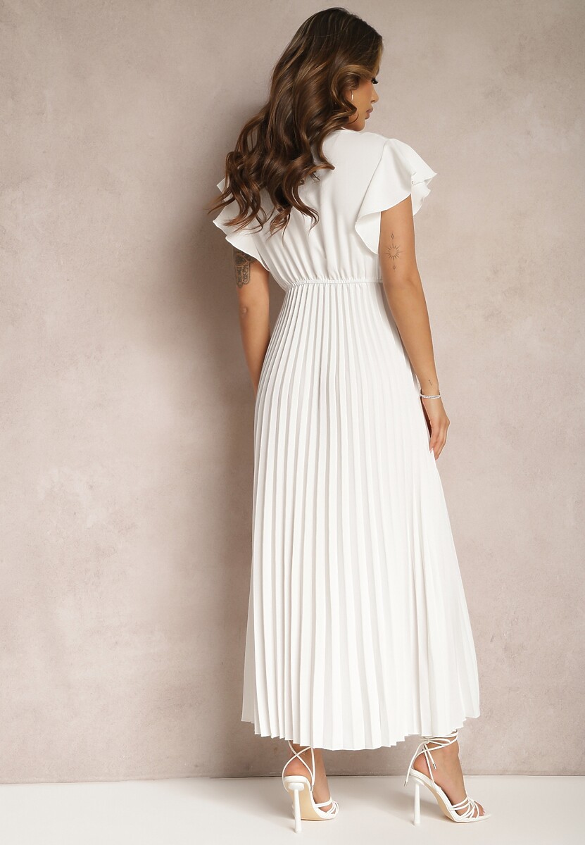 Biała Rozkloszowana Sukienka z Plisami Maxi z Falbankami przy Ramionach Nethula