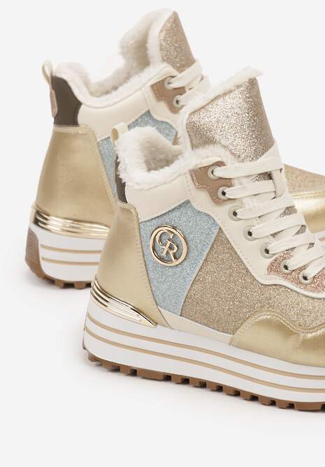 Złote Płaskie Sznurowane Botki w Sportowym Stylu z Metalicznym Wykończeniem Benalin