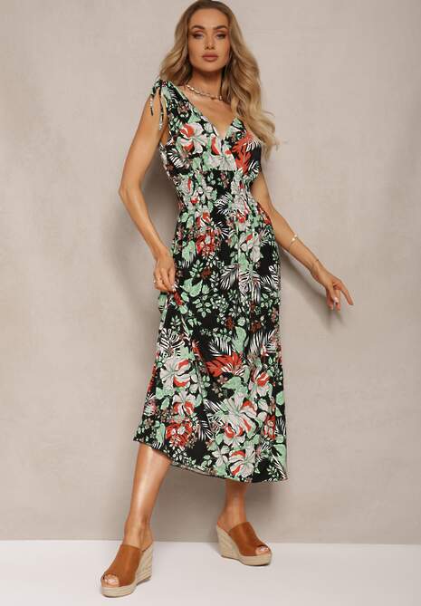 Czarno-Zielona Kwiecista Sukienka z Gumką w Talii i Trójkątnym Dekoltem Vialessia