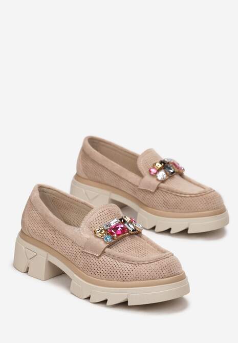Ciemnobeżowe Mokasyny z Kryształami i Wkładką ze Skóry Naturalnej Zaidy