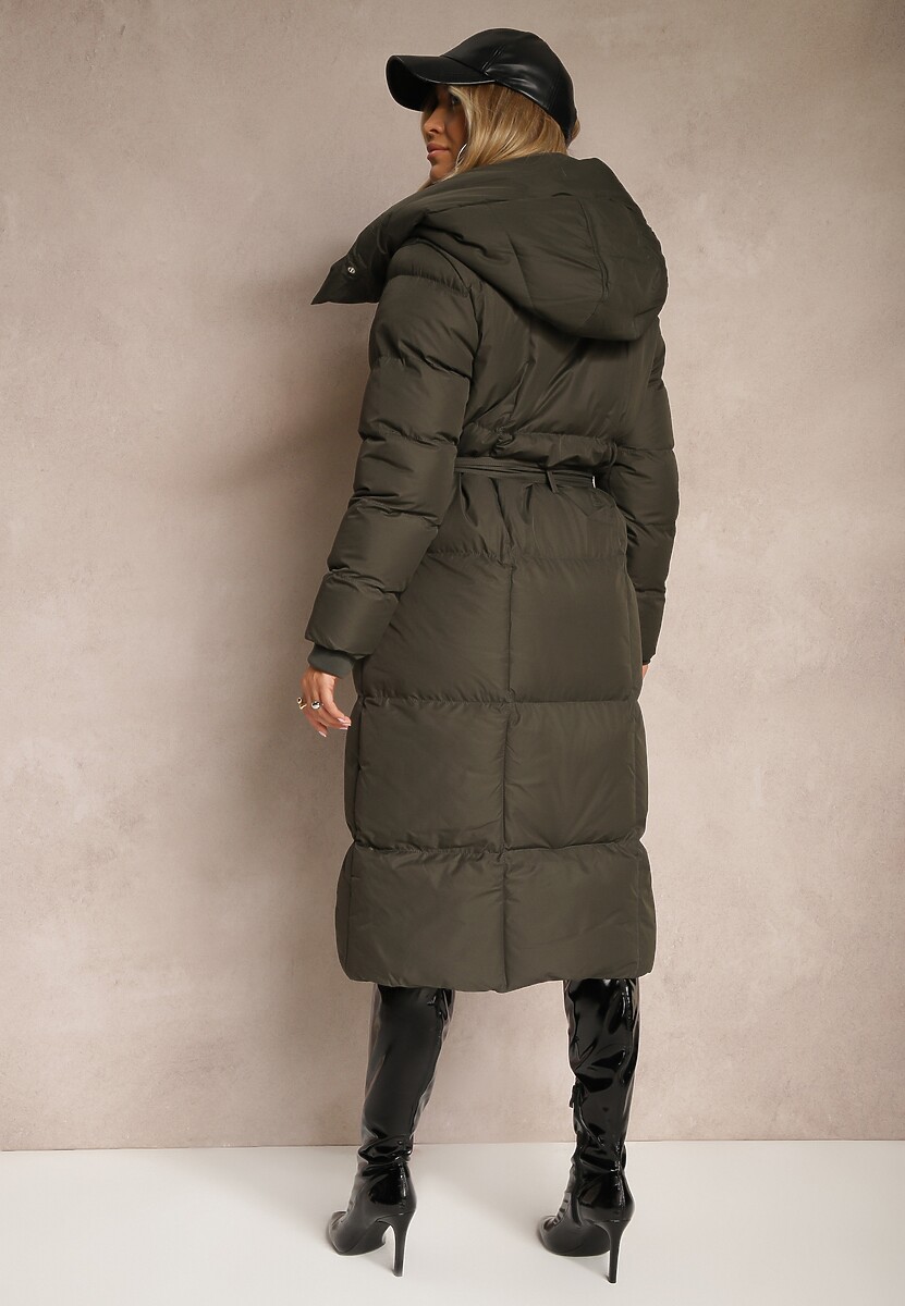 Ciemnozielona Długa Kurtka z Pikowanymi Przeszyciami Kapturem i Wiązanym Paskiem Zalirra