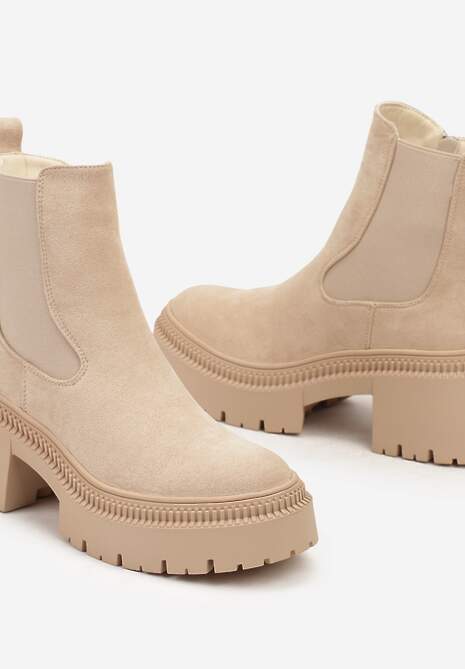 Beżowe Botki na Słupku i Platformie Sztyblety Grunge z Elastyczną Cholewką Lericea