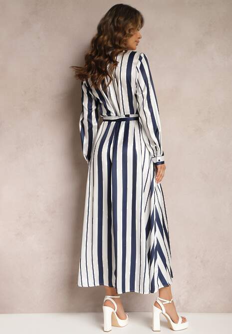 Biało-Granatowa Koszulowa Sukienka Ozdobiona Wzorem w Paski Wiązana w Talii Orintta