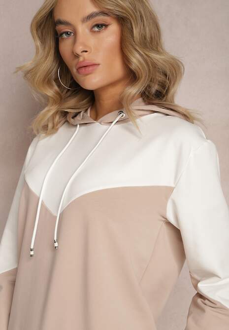 Beżowa Bawełniana Bluza z Geometrycznym Kolorowym Przeszyciem i Kapturem Vifia