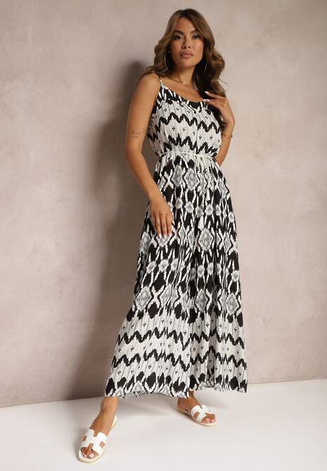 Czarno-Biały Kombinezon z Wiskozy na Cienkich Ramiączkach o Geometrycznym Wzorze z Paskiem Vikine